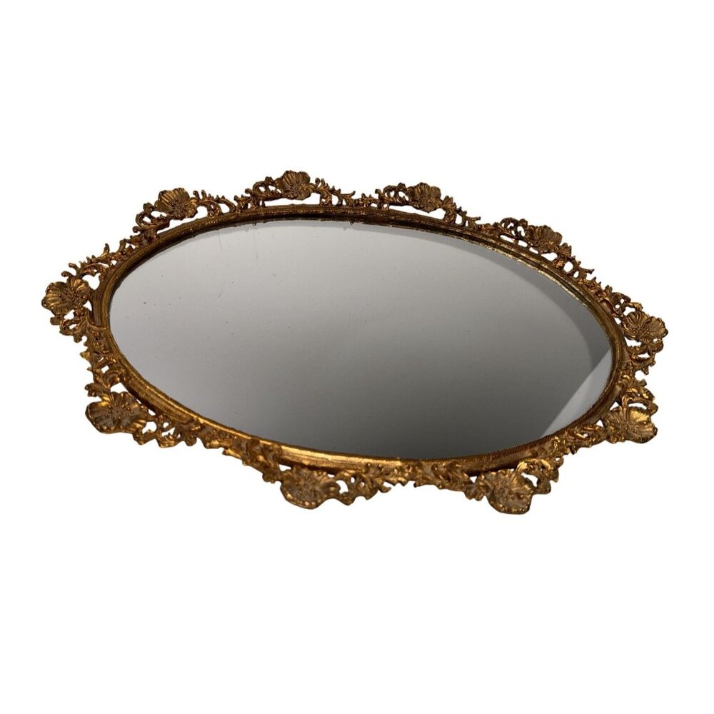 Ornate Victorian french Gold Oval Vanity Mirror Intricate Frame Design